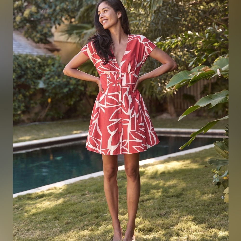 Marine Layer Camila Mini Dress Sunset Mosaic Red/Coral Sz Medium Hemp Blend